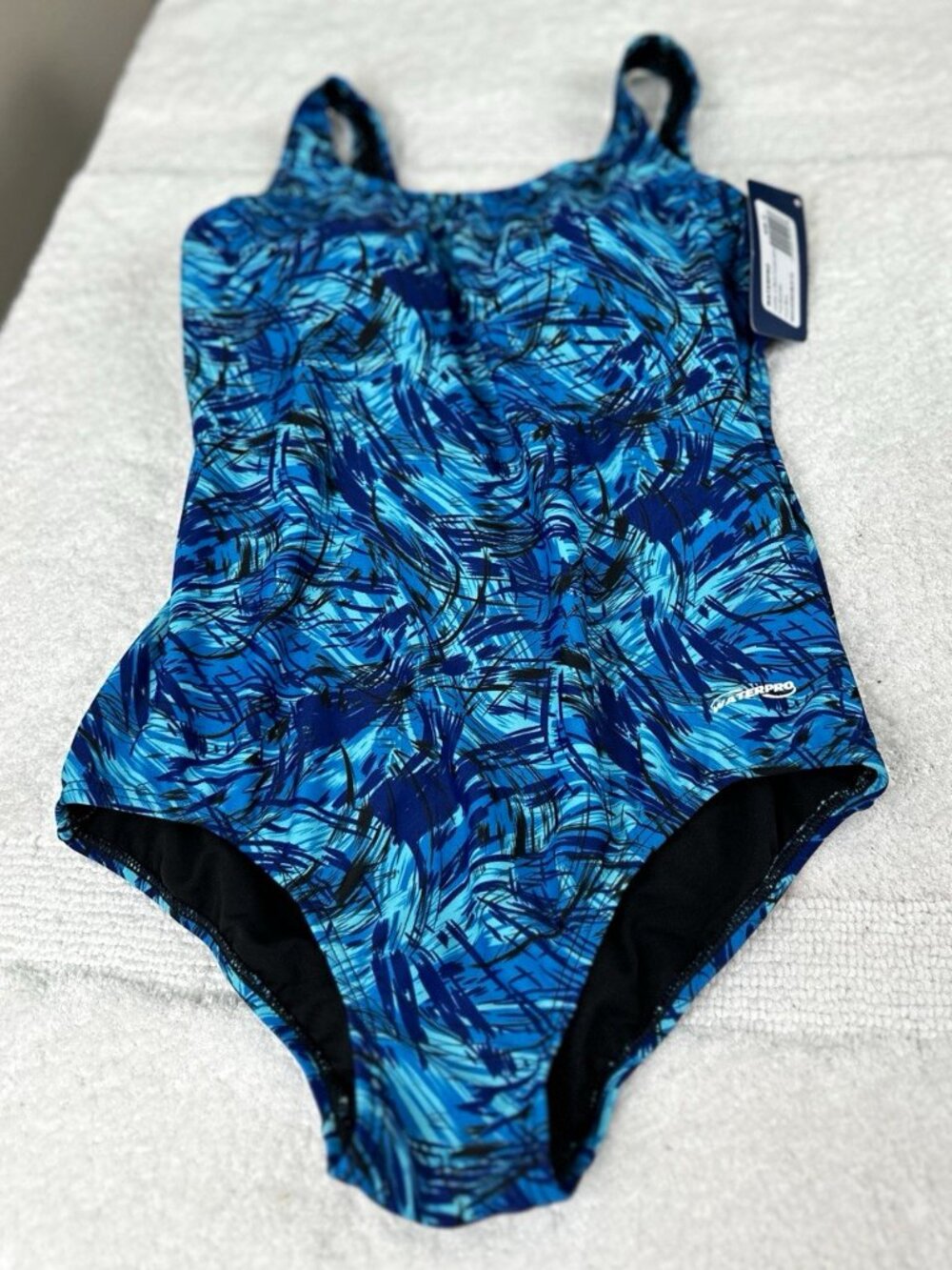 Waterpro Women’s One Piece Swimsuit Size 12 Blue Abstract U-Back NWT